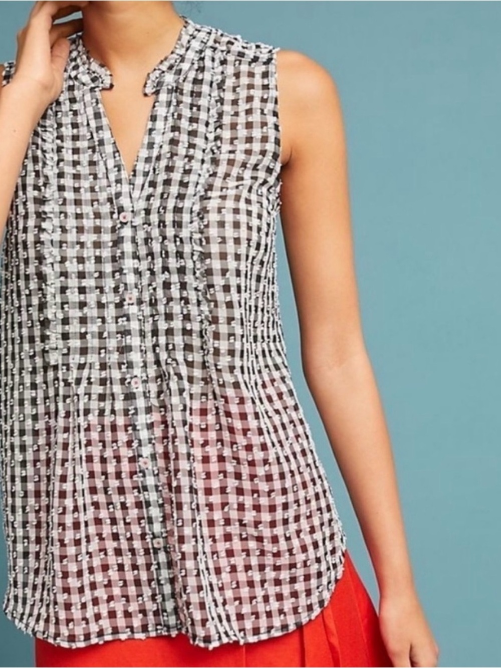 Maeve Anthropologie Black White Gingham Swiss Dot Sleeveless Button Front Top S